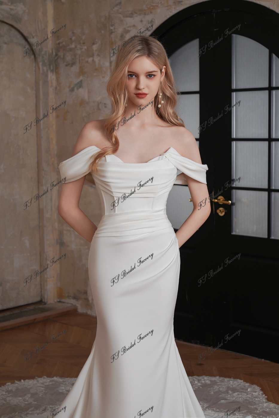 Long Mermaid Crepe Lace Train Wedding Dress With Detached Sleeve