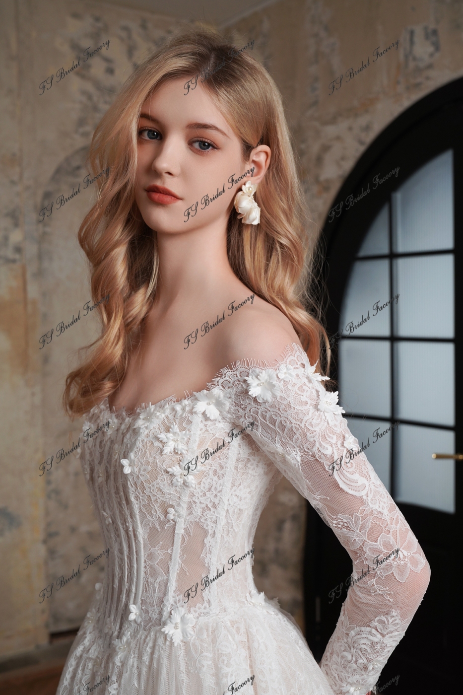Flowing Off-the-Shoulder 3-D Flower Lace Ballgown Wedding Dress