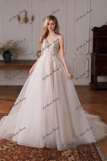 Long Glitter Tulle A Line Beading Wedding Dress