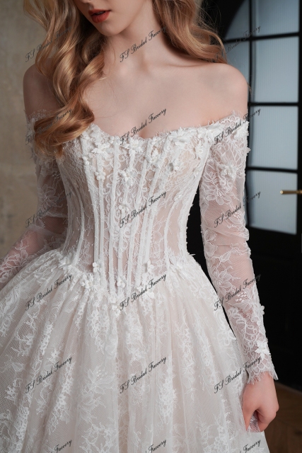 Flowing Off-the-Shoulder 3-D Flower Lace Ballgown Wedding Dress
