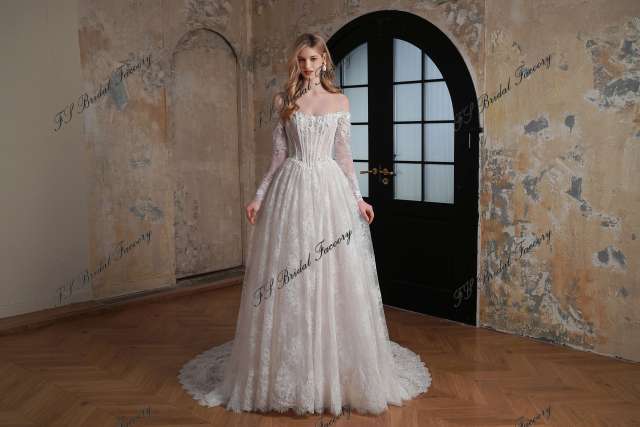 Flowing Off-the-Shoulder 3-D Flower Lace Ballgown Wedding Dress