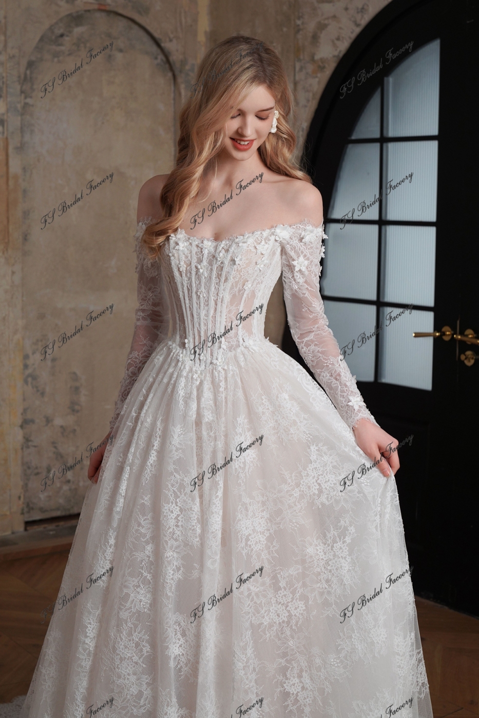 Flowing Off-the-Shoulder 3-D Flower Lace Ballgown Wedding Dress