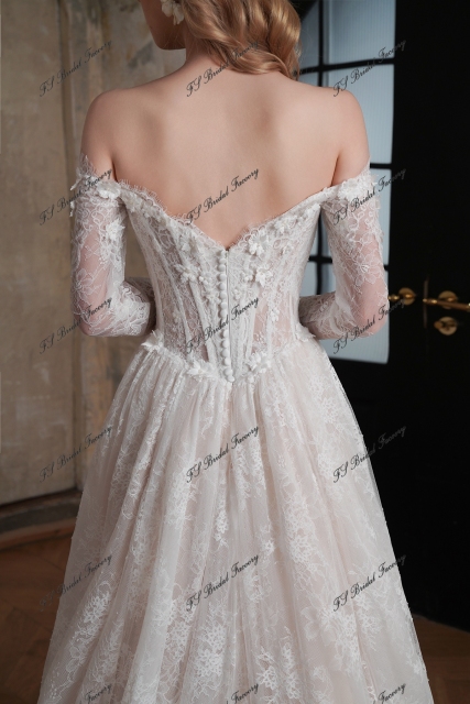 Flowing Off-the-Shoulder 3-D Flower Lace Ballgown Wedding Dress