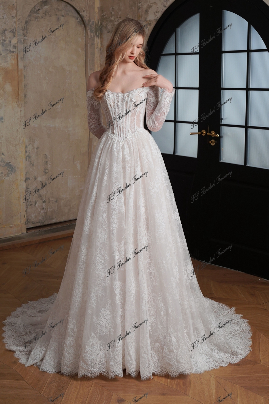Flowing Off-the-Shoulder 3-D Flower Lace Ballgown Wedding Dress