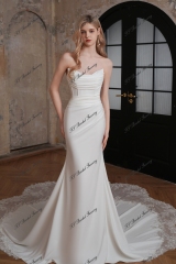 Long Mermaid Crepe Lace Train Wedding Dress With Detached Sleeve