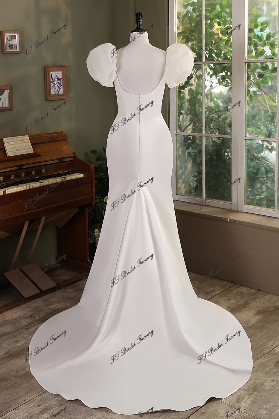 Ruffle Sleeve Mermaid Satin Wedding Gown