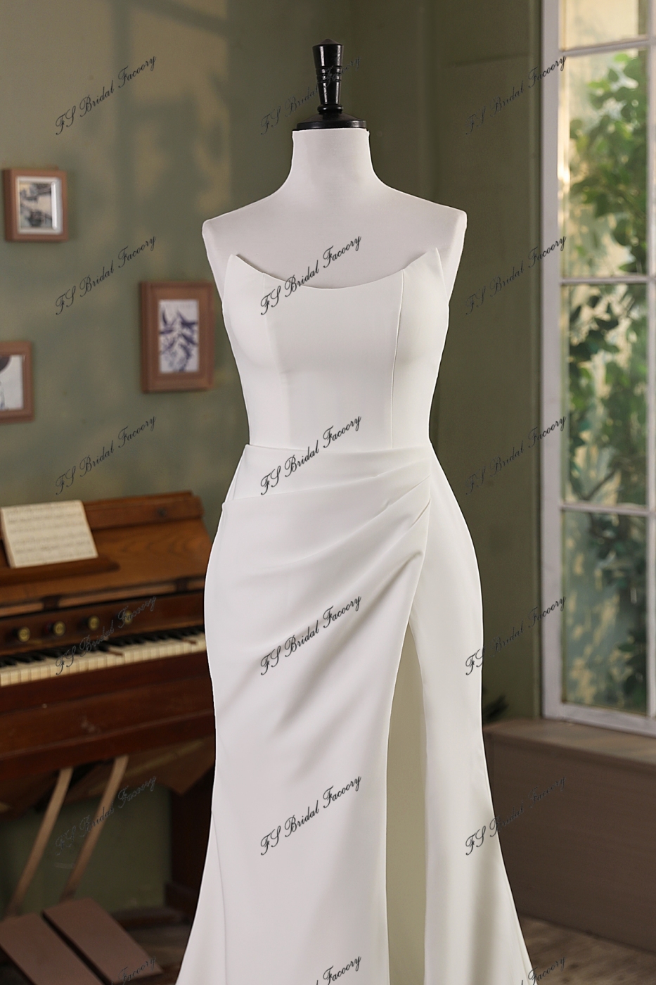 Cat Neckline Mermaid Crepe Wedding Gown With Slit