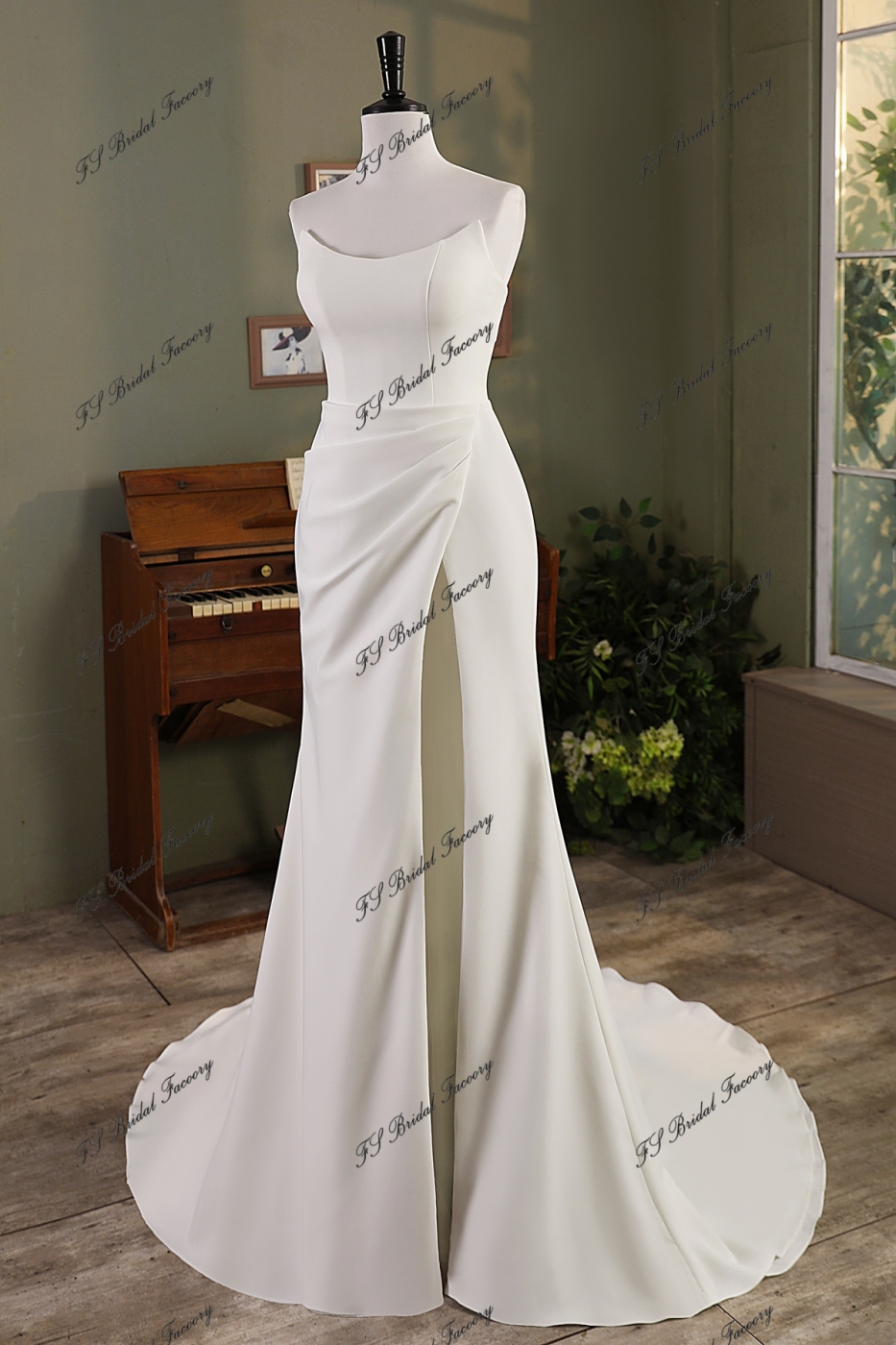 Cat Neckline Mermaid Crepe Wedding Gown With Slit