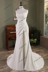 Cat Neckline Mermaid Crepe Wedding Gown With Slit