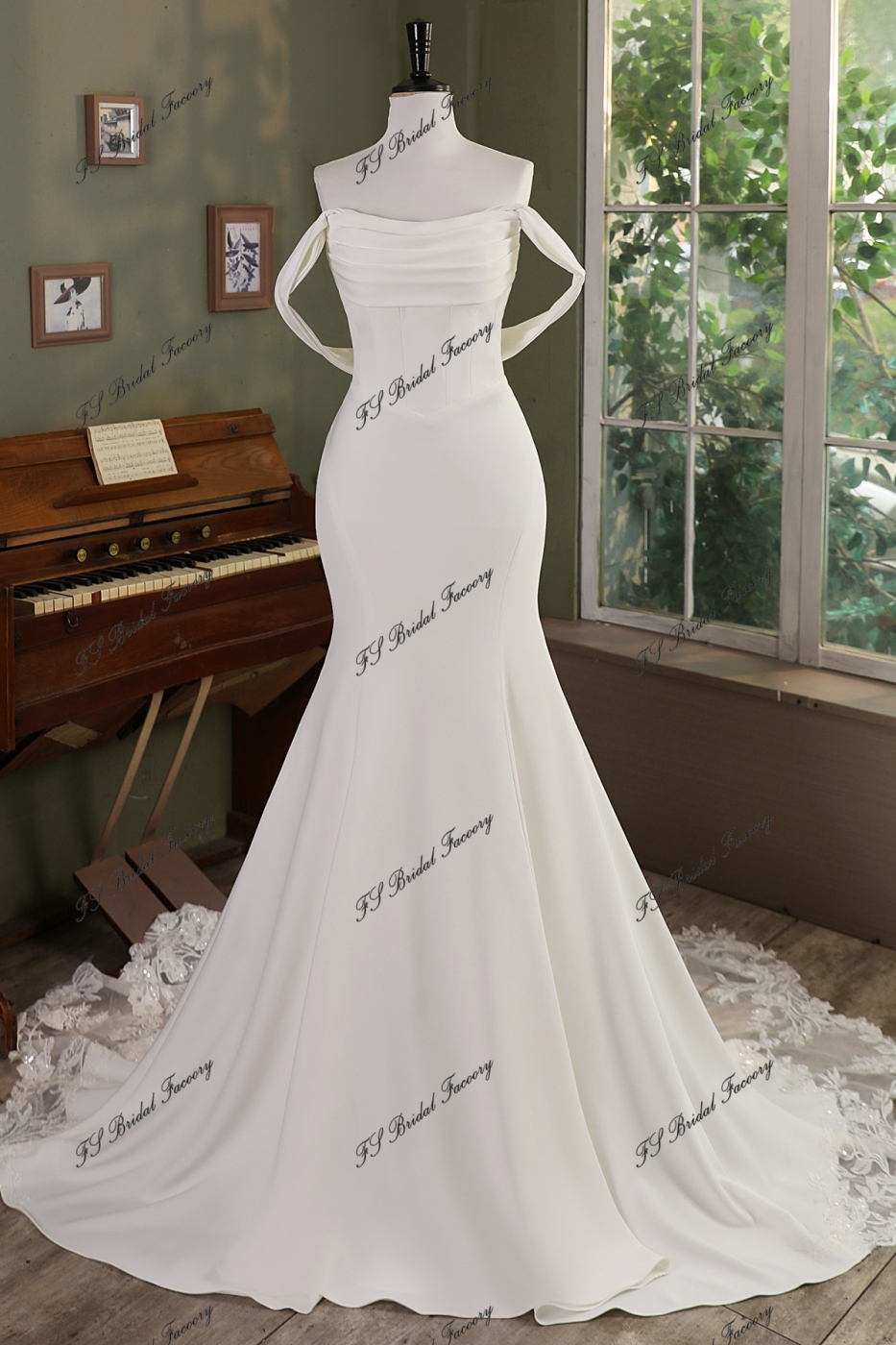 Ruffle Neckline Mermaid Crepe Lace Train Wedding Gown With Detached Off Shoulder