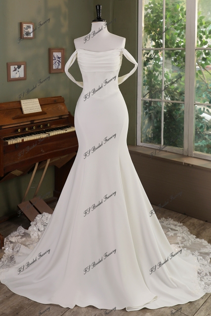 Ruffle Neckline Mermaid Crepe Lace Train Wedding Gown With Detached Off Shoulder