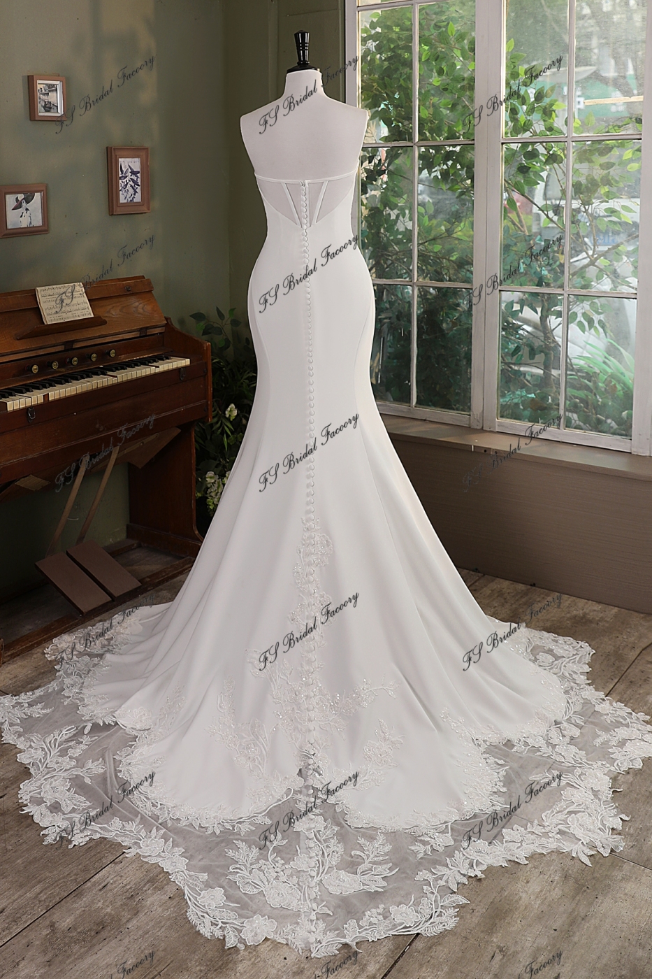 Ruffle Neckline Mermaid Crepe Lace Train Wedding Gown With Detached Off Shoulder