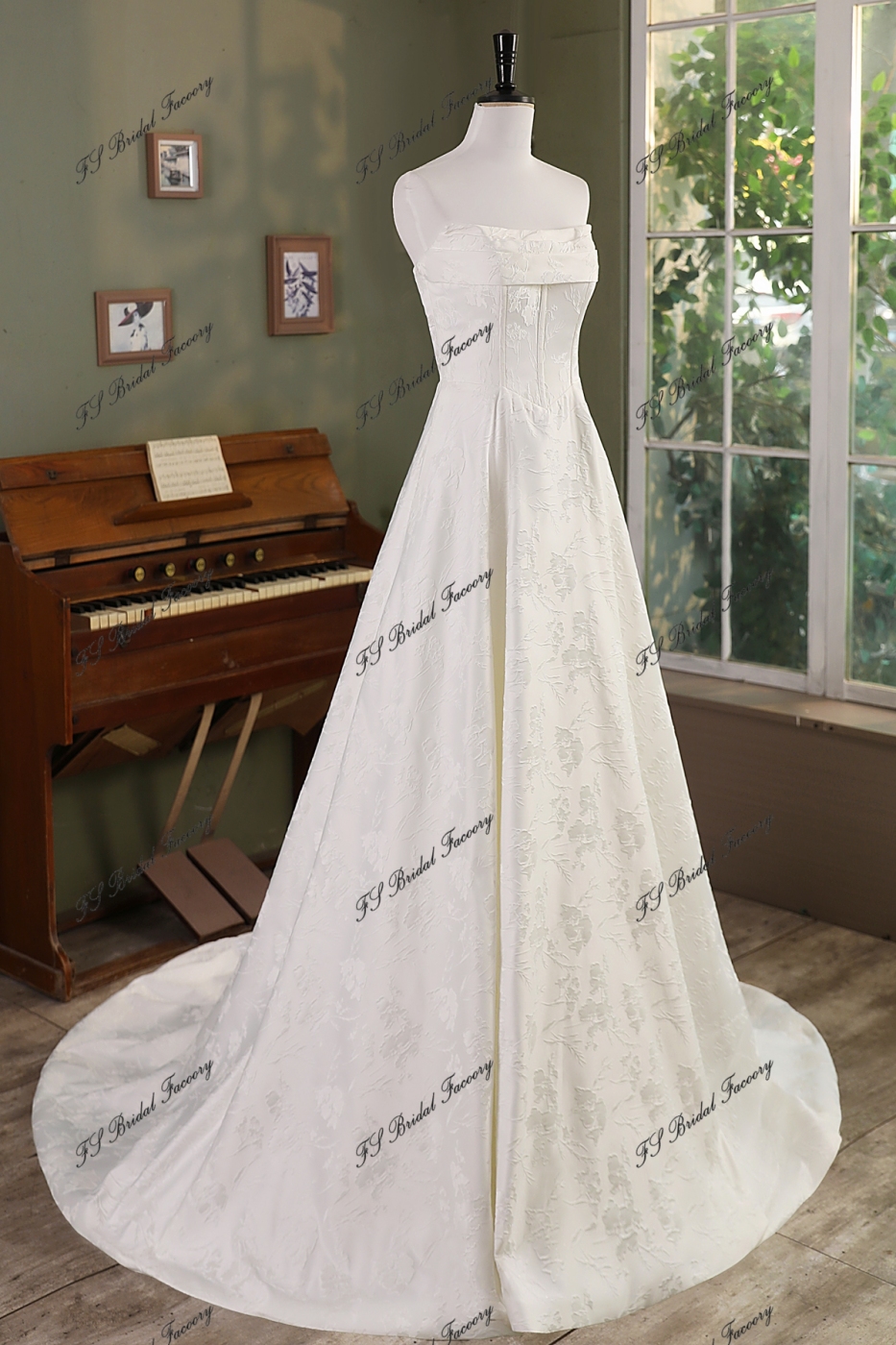Ivory Jacquard Satin Pleat Neckline Wedding Gown With Pocket