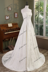 Ivory Jacquard Satin Pleat Neckline Wedding Gown With Pocket