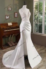Mermaid Mikado Skirt Lace Wedding Gown With High Slit
