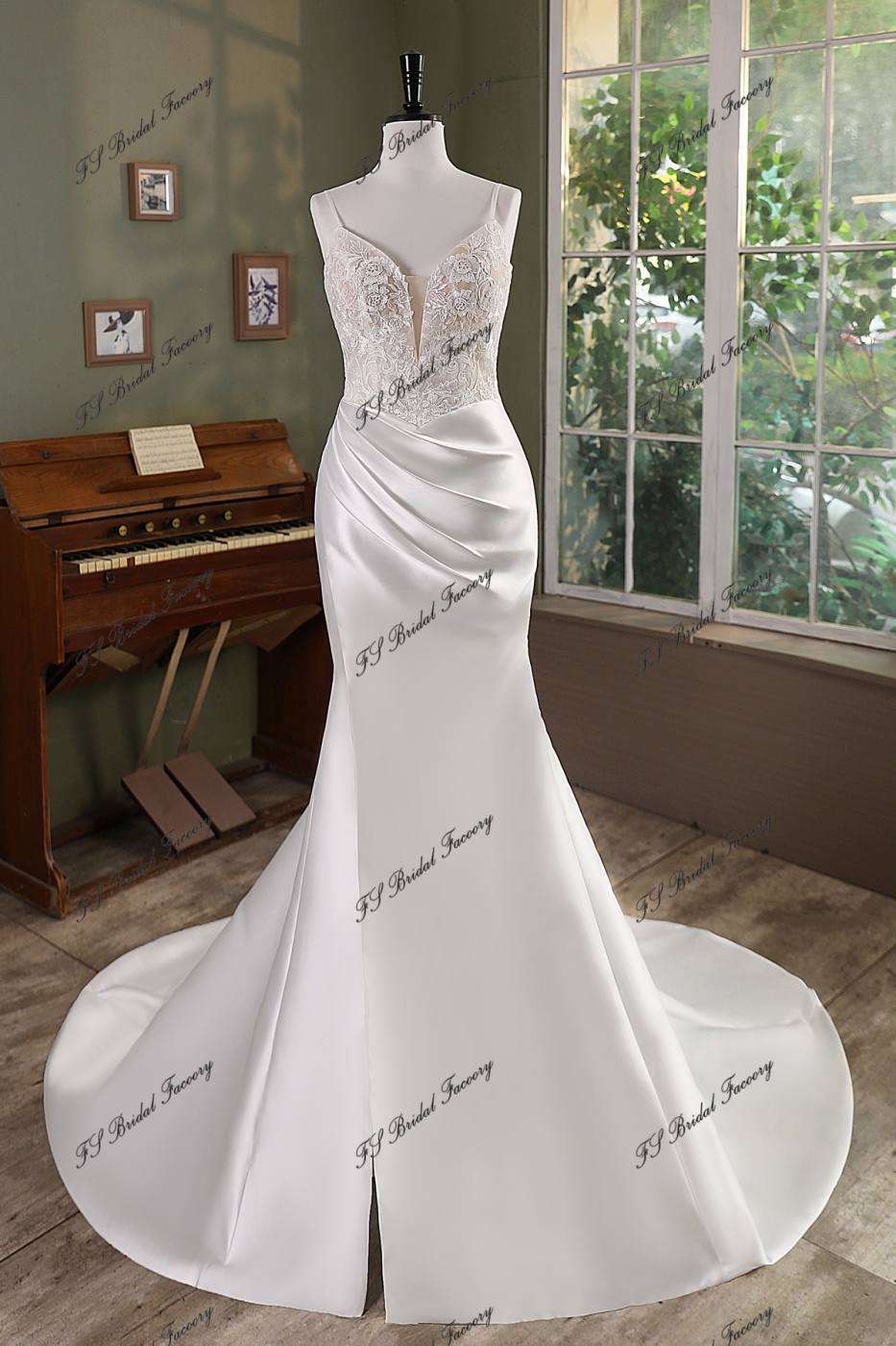 Mermaid Mikado Skirt Lace Wedding Gown With High Slit