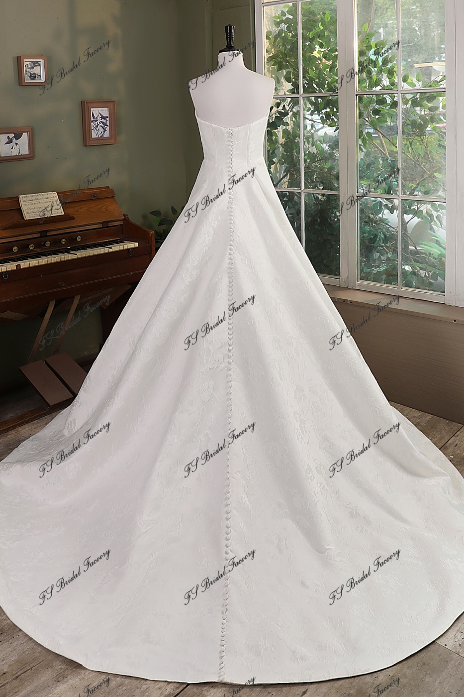Ivory Jacquard Satin Pleat Neckline Wedding Gown With Pocket