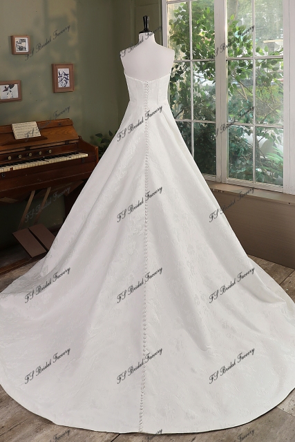 Ivory Jacquard Satin Pleat Neckline Wedding Gown With Pocket