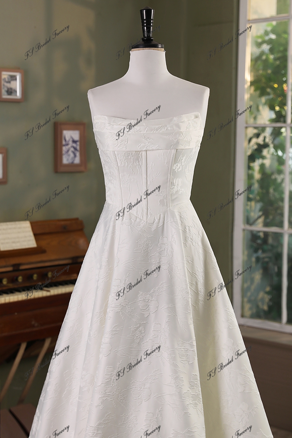 Ivory Jacquard Satin Pleat Neckline Wedding Gown With Pocket