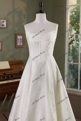 Ivory Jacquard Satin Pleat Neckline Wedding Gown With Pocket
