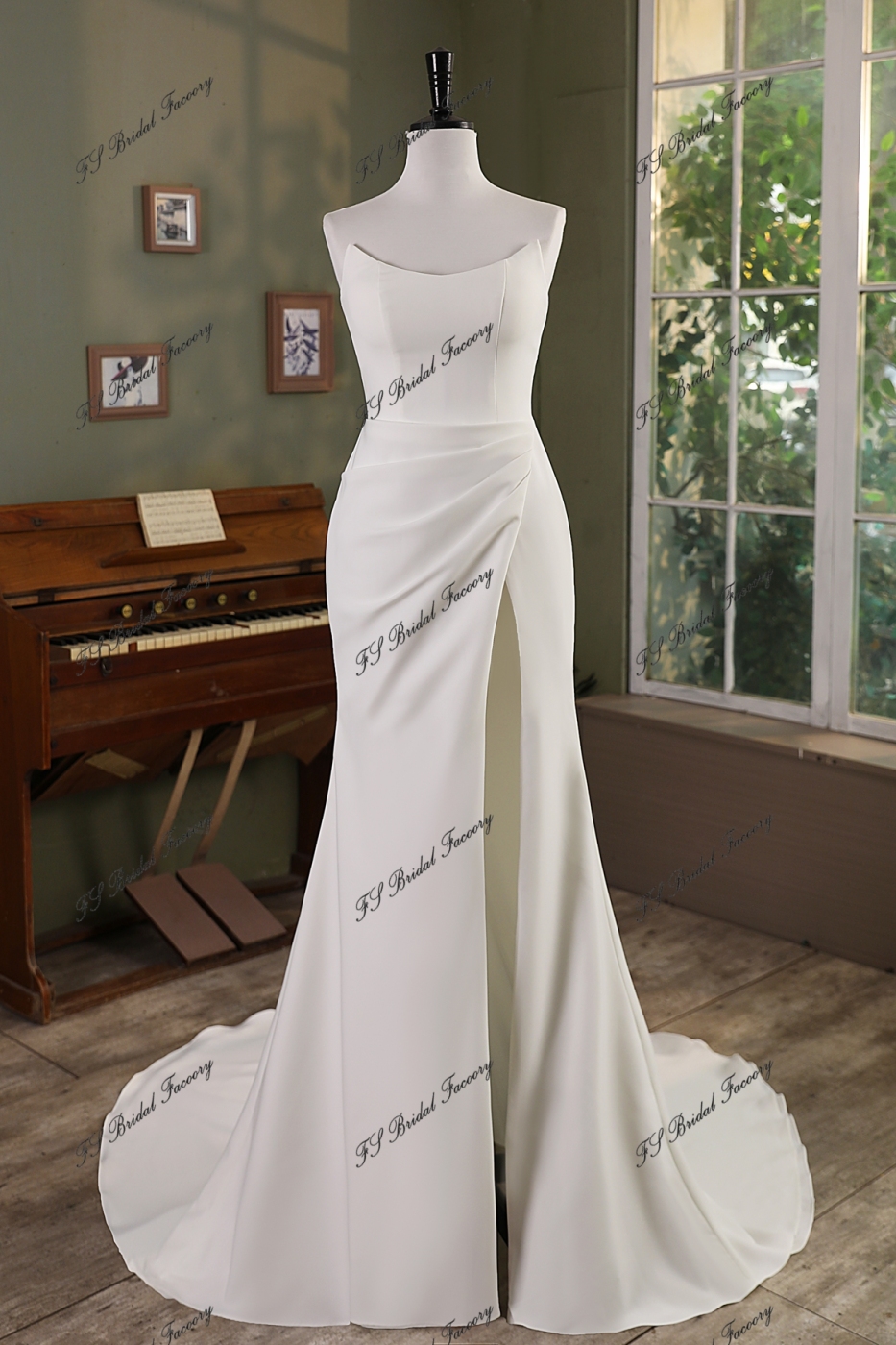 Cat Neckline Mermaid Crepe Wedding Gown With Slit