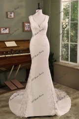 Mermaid Crepe Skirt Lace Wedding Gown With Beads