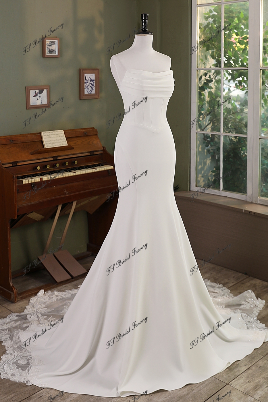 Ruffle Neckline Mermaid Crepe Lace Train Wedding Gown With Detached Off Shoulder