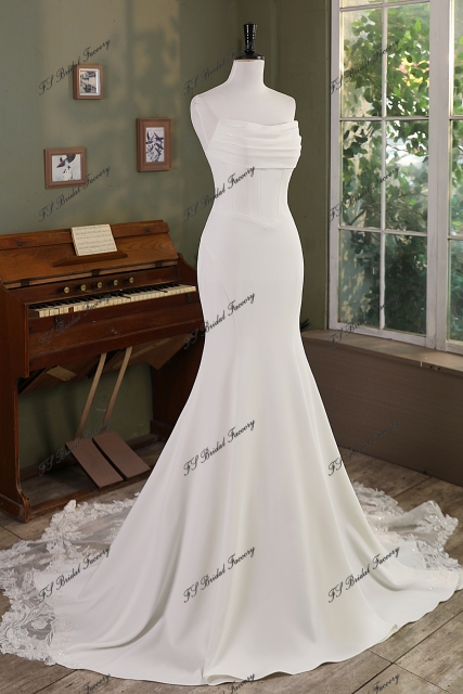 Ruffle Neckline Mermaid Crepe Lace Train Wedding Gown With Detached Off Shoulder
