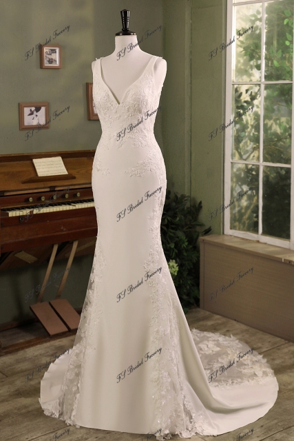 Mermaid Crepe Skirt Lace Wedding Gown With Beads