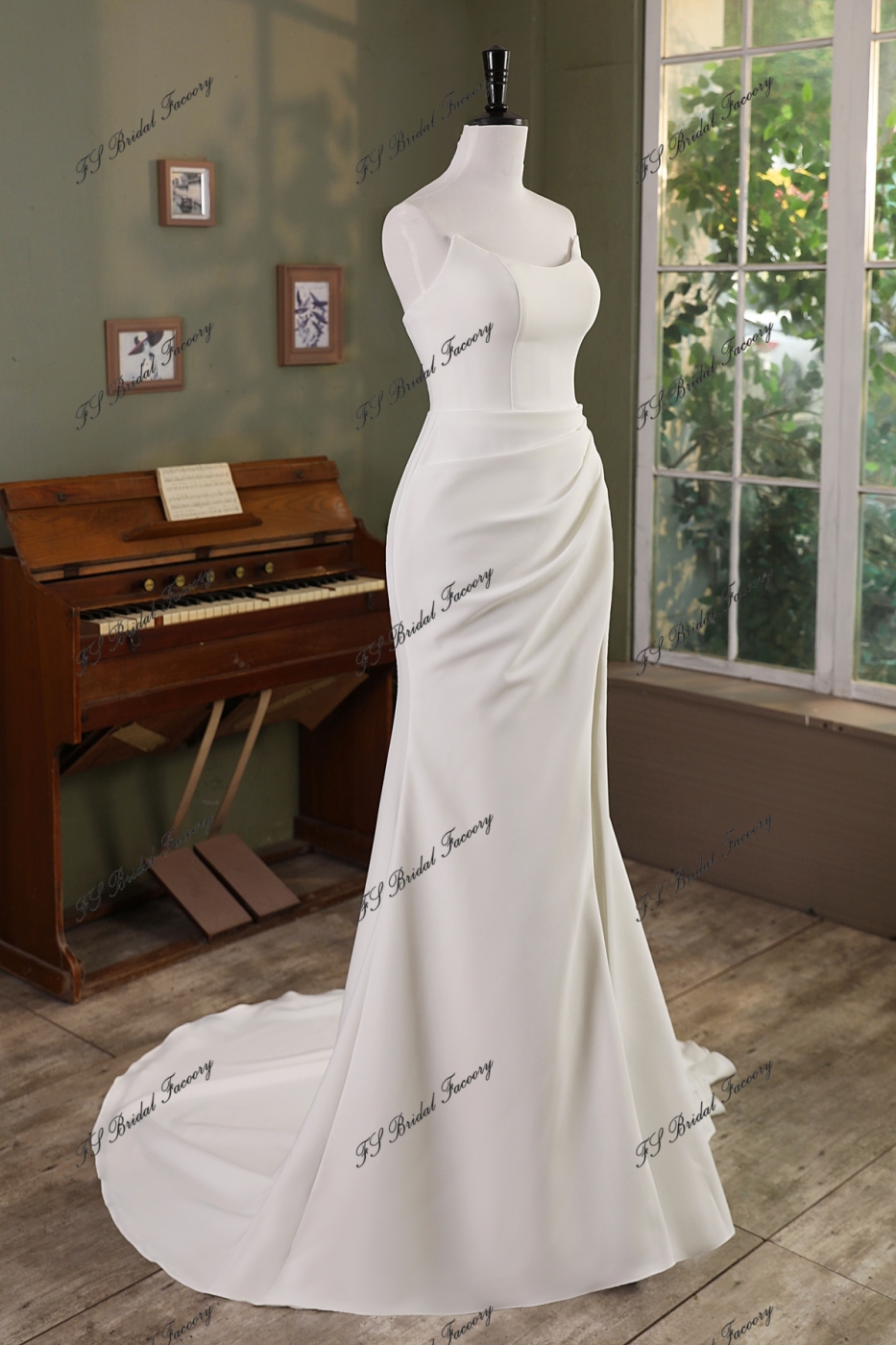Cat Neckline Mermaid Crepe Wedding Gown With Slit