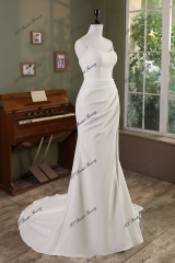 Cat Neckline Mermaid Crepe Wedding Gown With Slit
