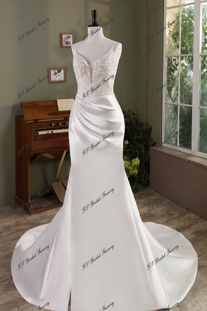 Mermaid Mikado Skirt Lace Wedding Gown With High Slit