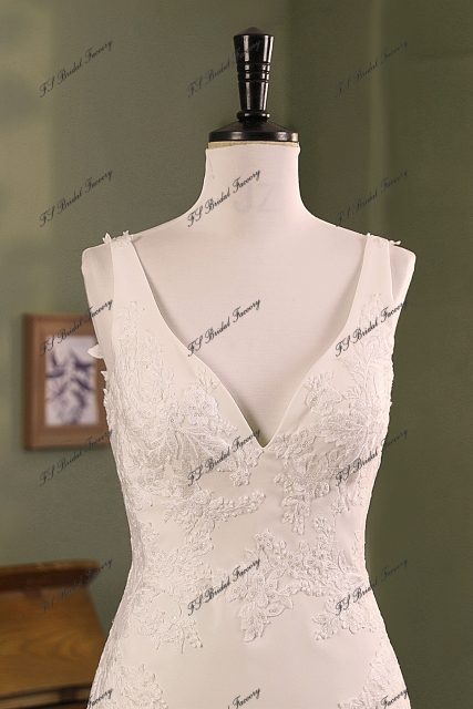 Mermaid Crepe Skirt Lace Wedding Gown With Beads