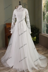 Modest Long Sleeve Tulle Wedding Gown With Slit