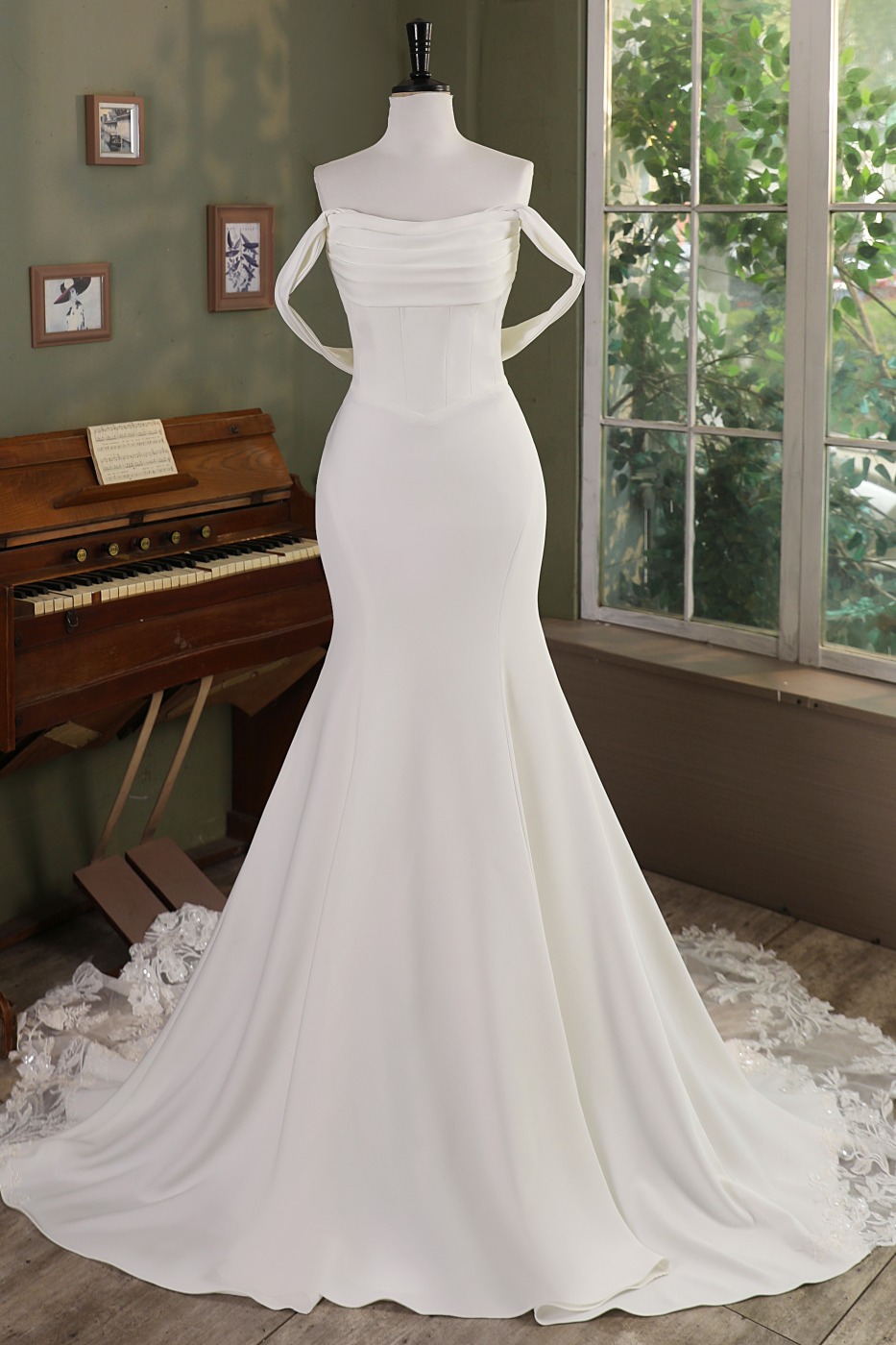 Ruffle Neckline Mermaid Crepe Lace Train Wedding Gown With Detached Off Shoulder