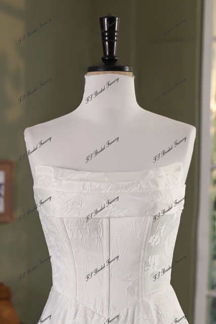 Ivory Jacquard Satin Pleat Neckline Wedding Gown With Pocket