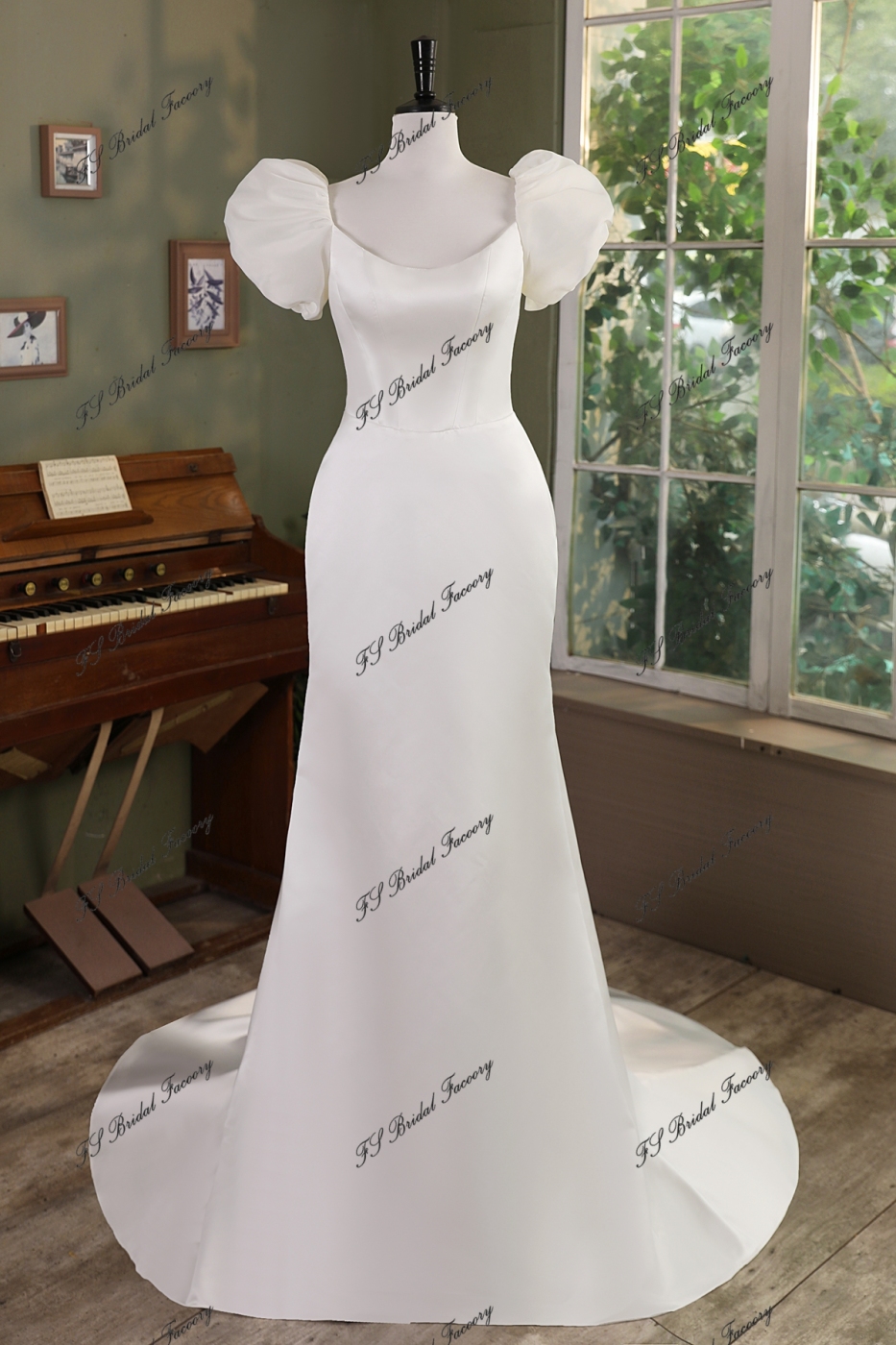 Ruffle Sleeve Mermaid Satin Wedding Gown