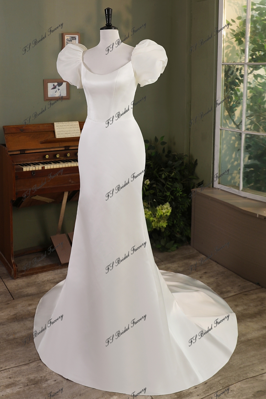 Ruffle Sleeve Mermaid Satin Wedding Gown
