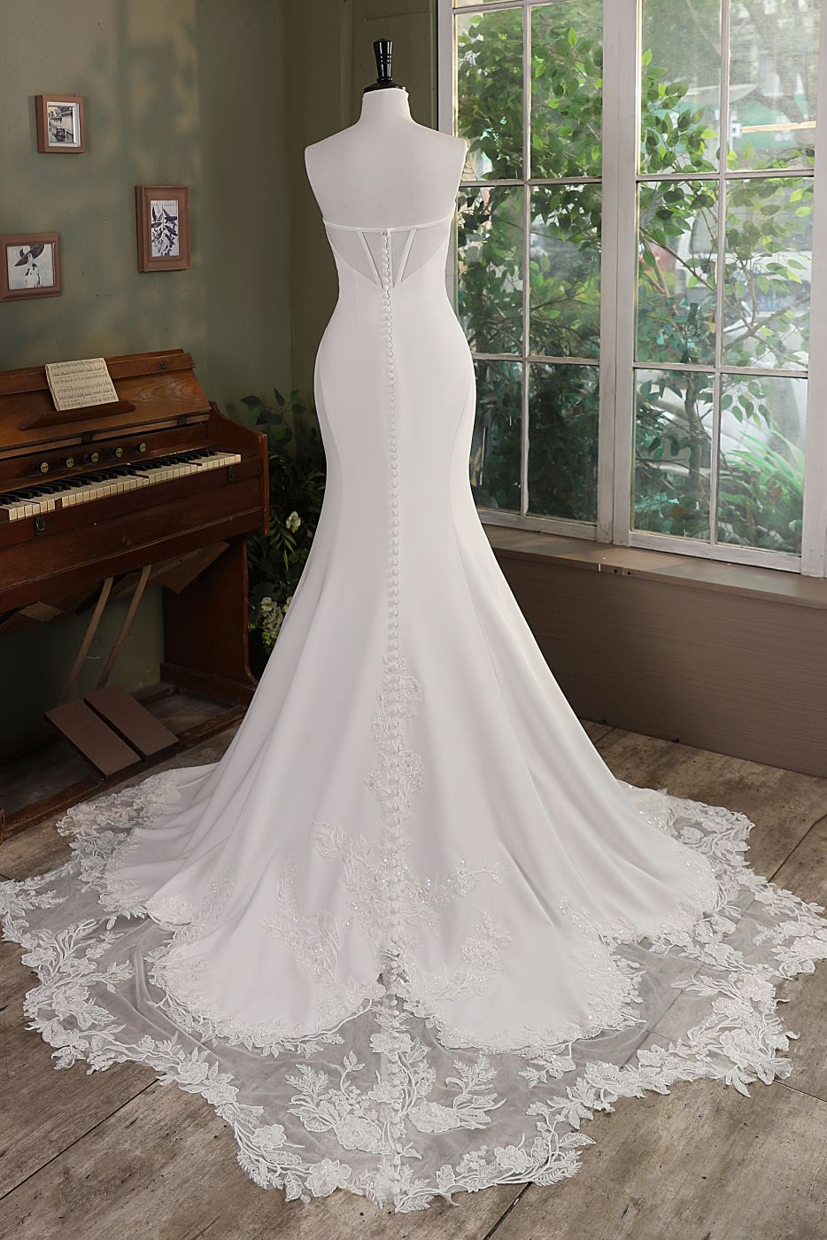 Ruffle Neckline Mermaid Crepe Lace Train Wedding Gown With Detached Off Shoulder