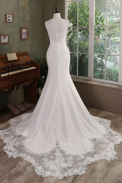 Ruffle Neckline Mermaid Crepe Lace Train Wedding Gown With Detached Off Shoulder