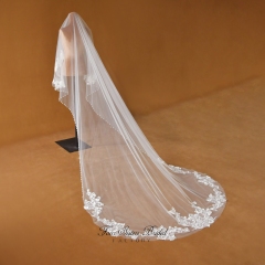 Pearl Embellished Tulle with Floral Edge Lace Floor-length Bridal Veil