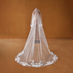 Pearl Embellished Tulle with Floral Edge Lace Floor-length Bridal Veil