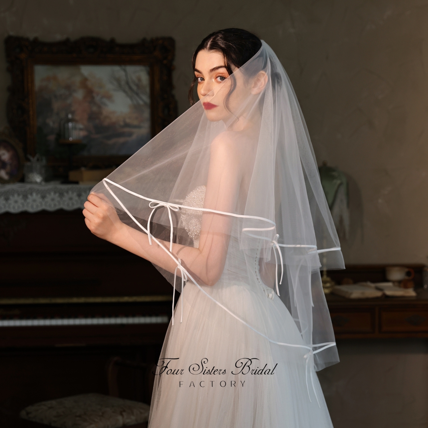 Two-tier,Bow and Ribbon Edge Bridal Veils