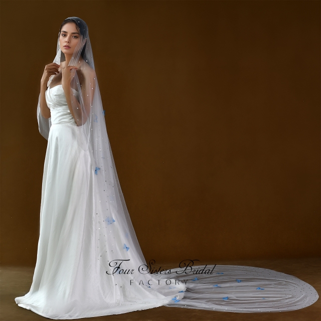 3D Blue Butterfly Beading Veil Without Comb