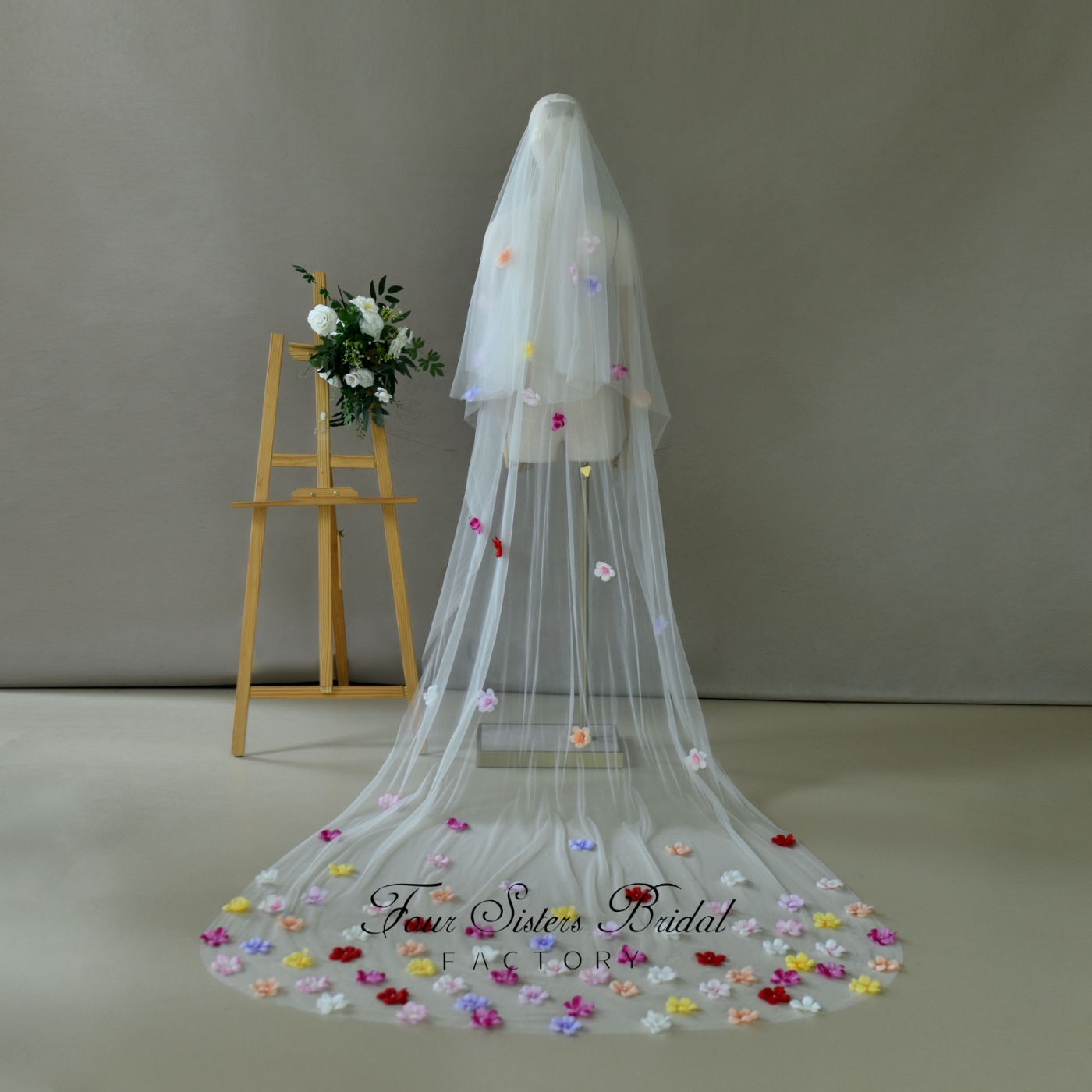 Two Layers 3D Colorful Flowers Veils
