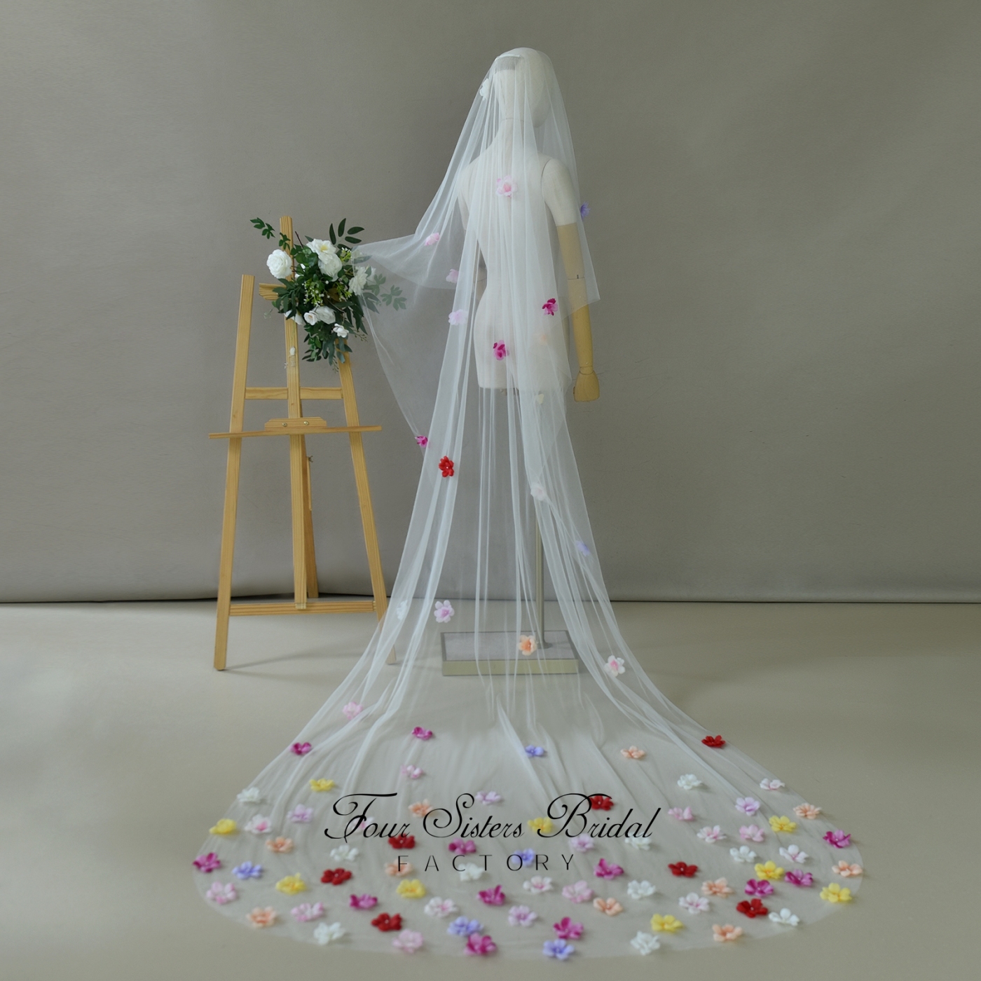 Two Layers 3D Colorful Flowers Veils