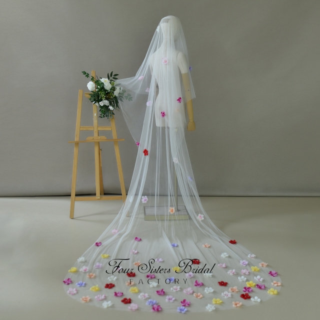 Two Layers 3D Colorful Flowers Veils