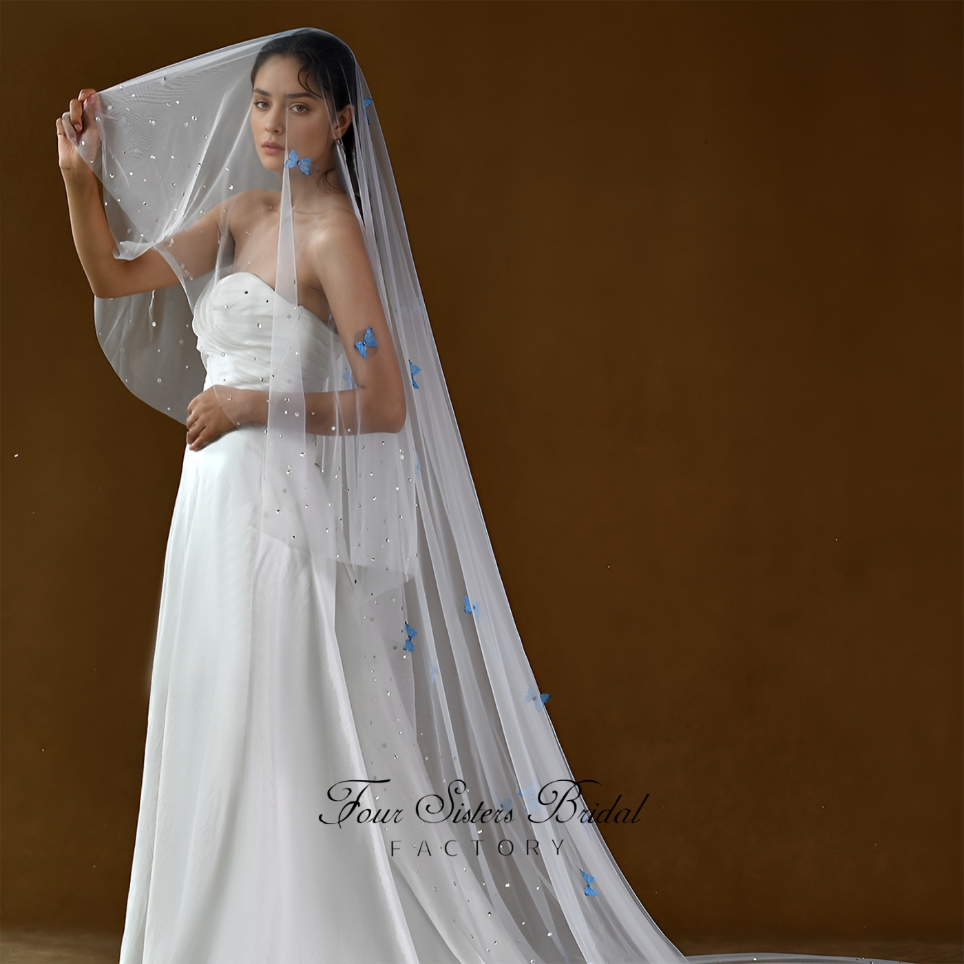 3D Blue Butterfly Beading Veil Without Comb