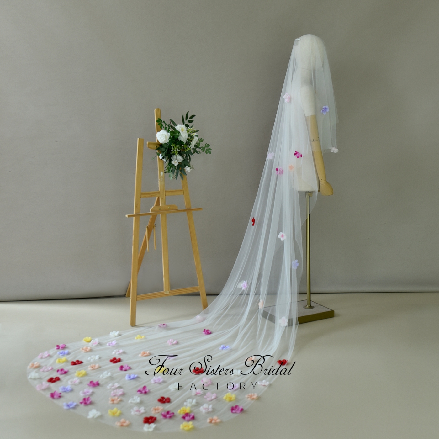 Two Layers 3D Colorful Flowers Veils
