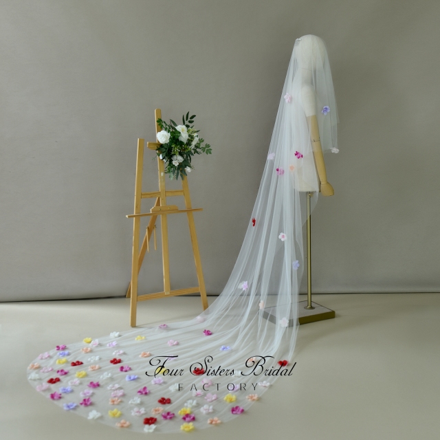 Two Layers 3D Colorful Flowers Veils